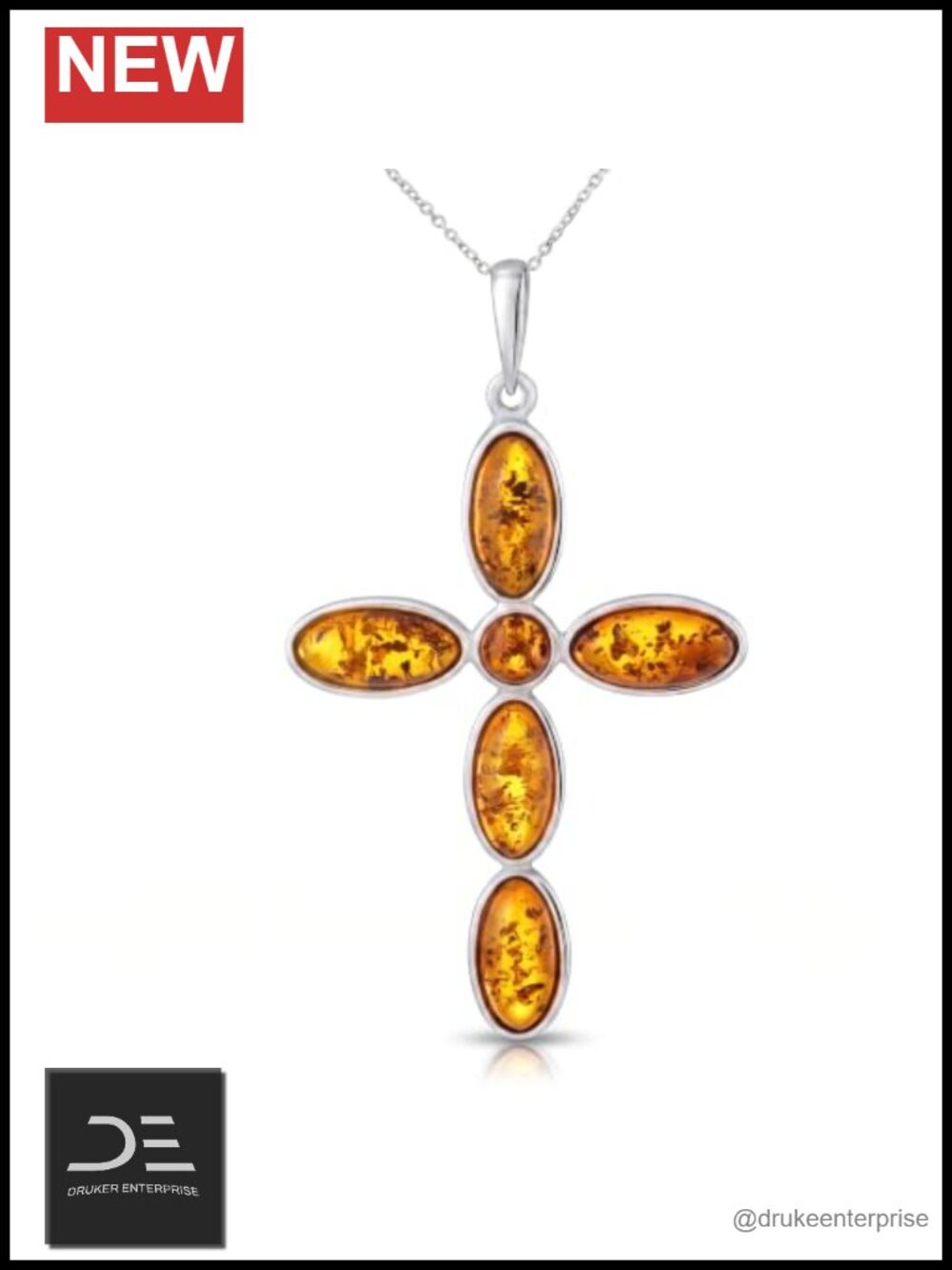 Genuine Baltic Amber Cross Pendant Necklace 925 Sterling Silver 18" Chain